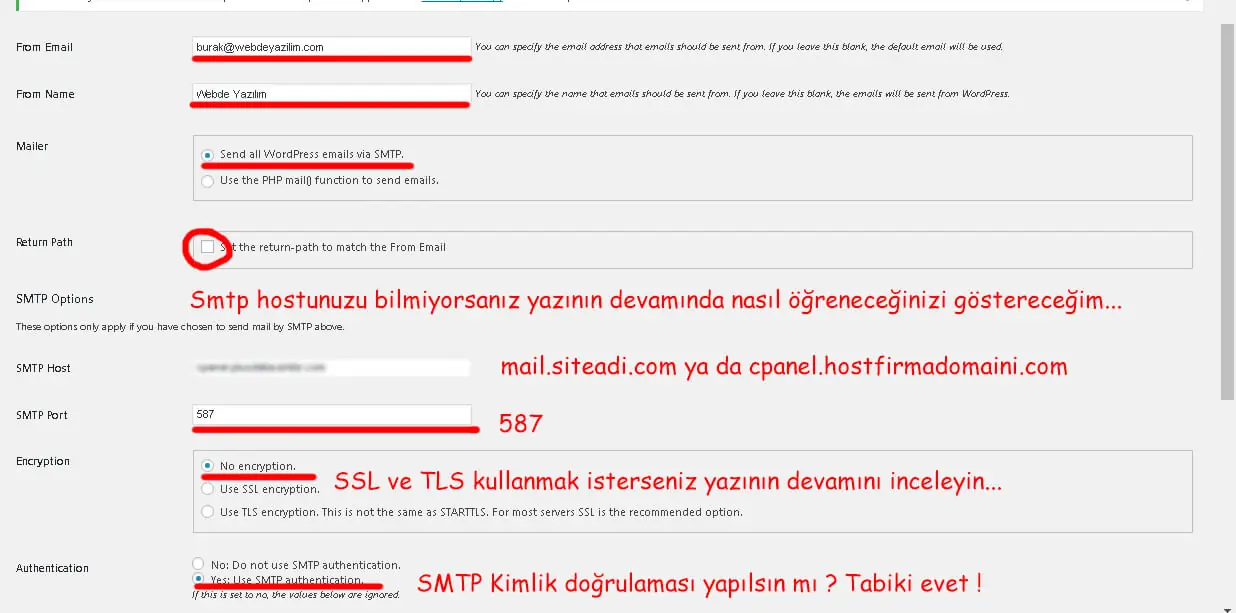 wordpress smtp ayarları