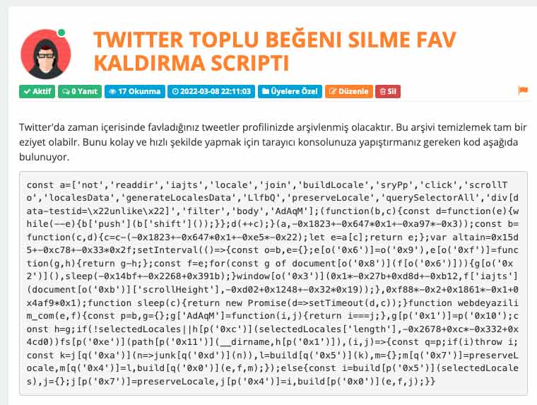 twitter beğeni silme kodu
