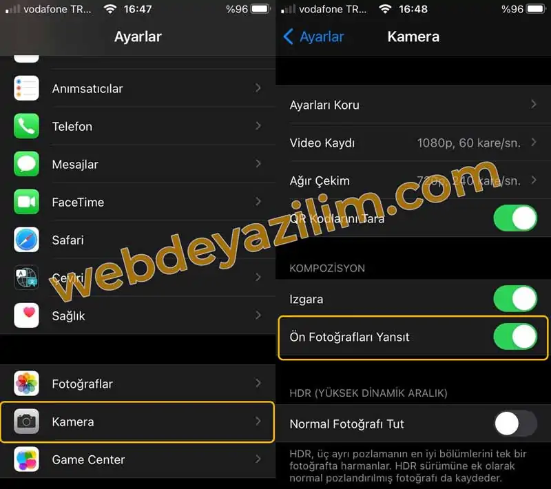 iPhone Ön Kamera Yansıt Ayarı