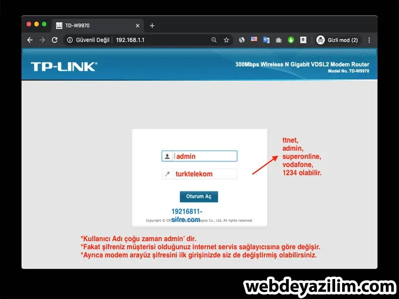 TTNET Modem Ara Yüzü Şifresi