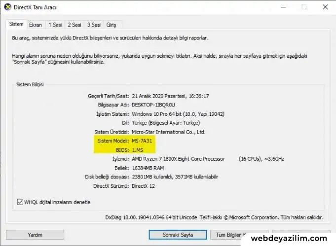 DirectX Tanı Aracı ile Anakart Öğrenme