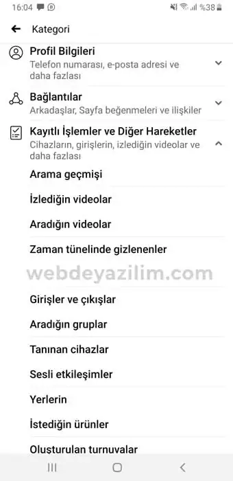 facebook arama geçmişi silme