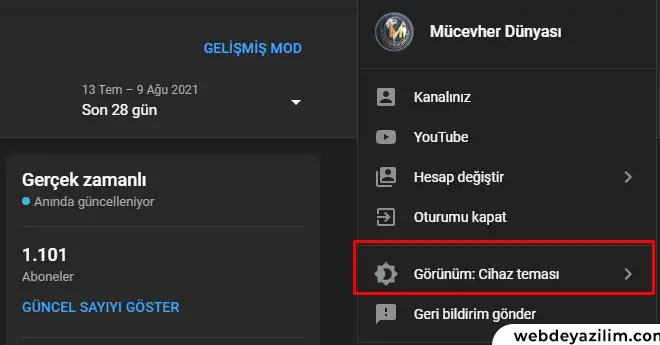 youtube studio dark karanlık tema