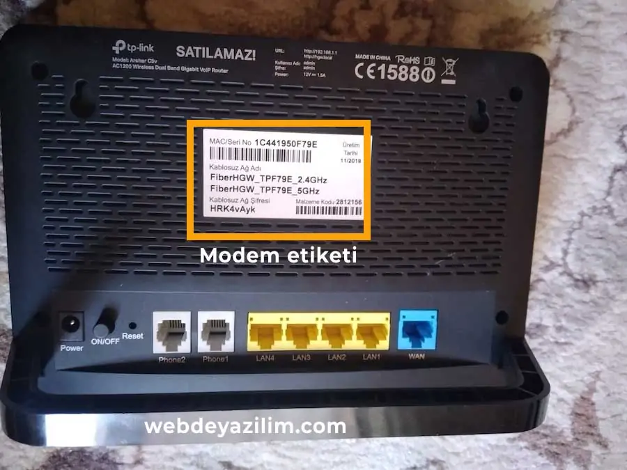 modem bilgilerinin yer aldığı etiket