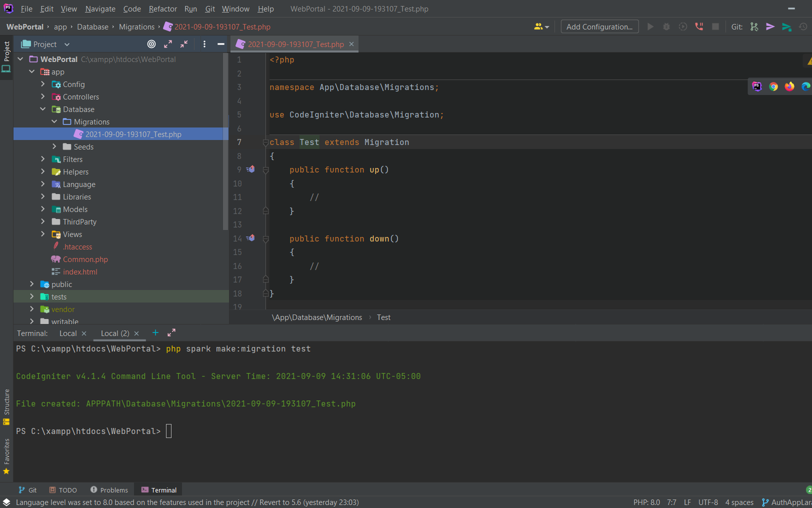 Codeigniter 4 make:migration test.php dosyası örneği