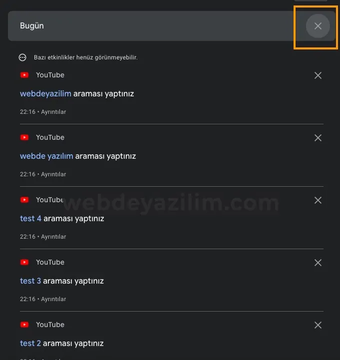 tüm arama geçmişini silebilirsiniz