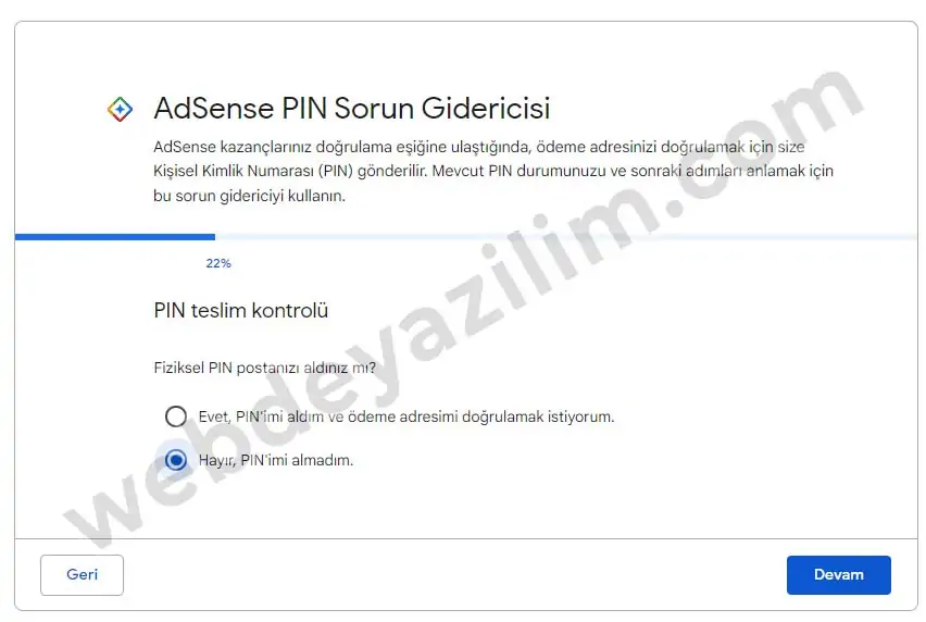 Adsense PIN Gelmiyor Sorunu Adım 2