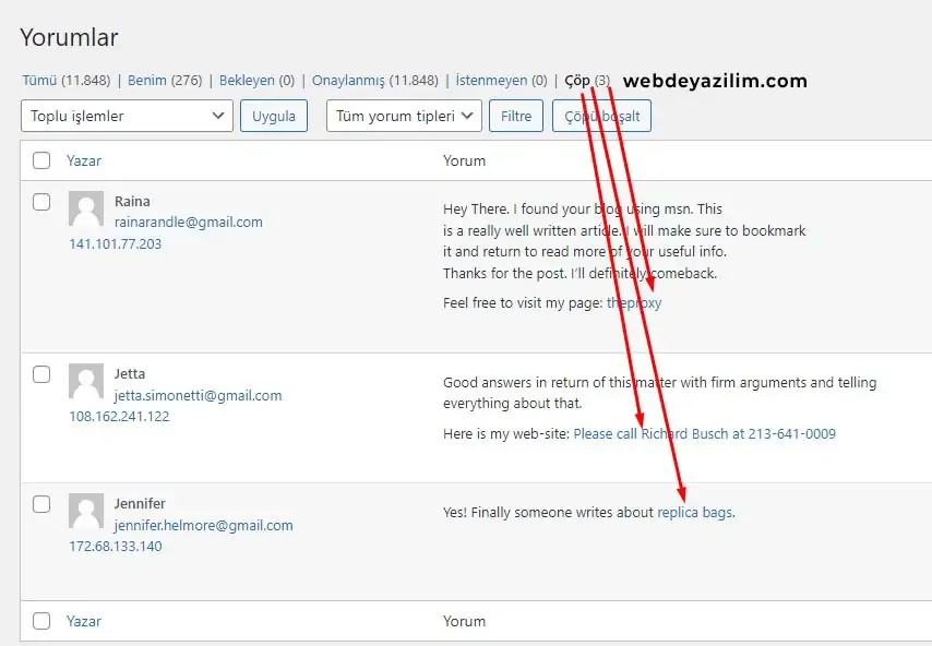 Spam yorumlar otomatik olarak çöp kutusuna taşınıyor