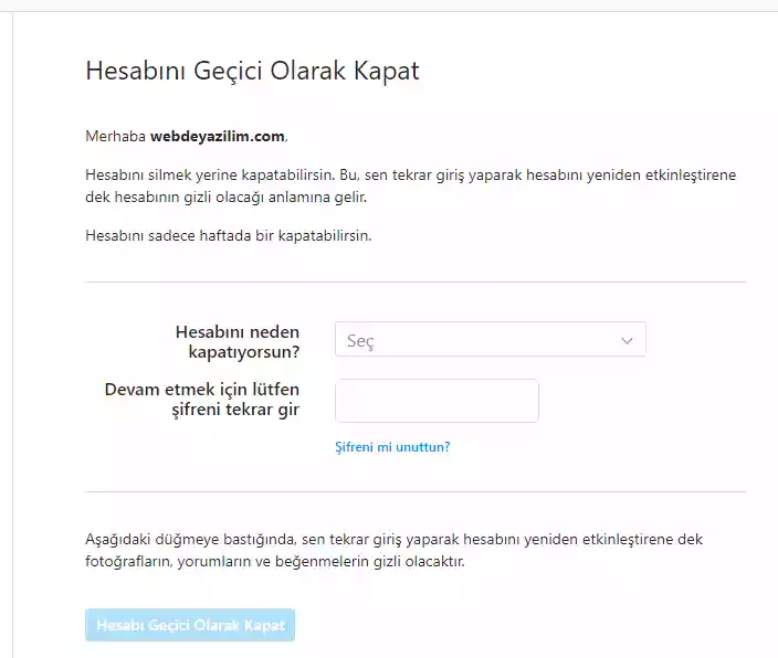 Instagram hesap kapatma ve kalıcı olarak silme linki