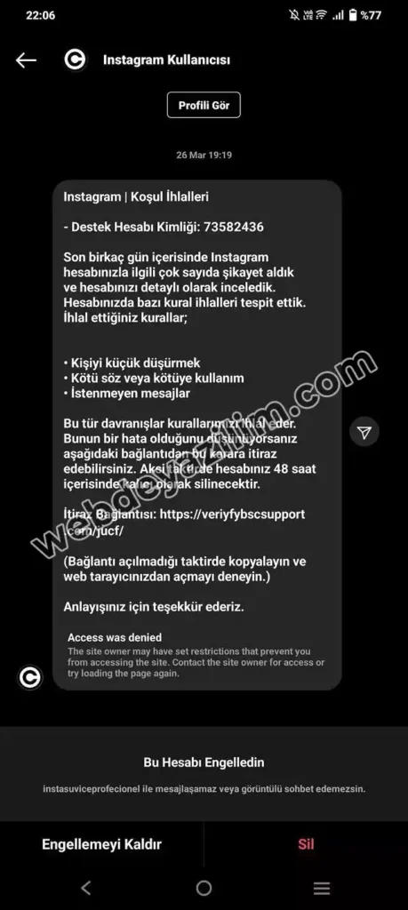 Instagram telif hakkı mesajı