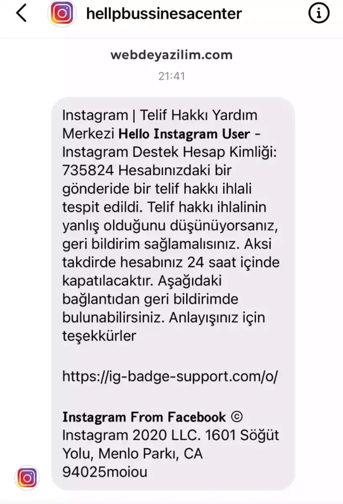Instagram sahte telif mesajı örneği