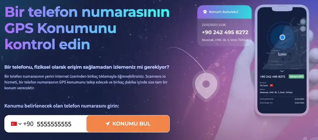 Scannero ile telefon numarasından konum bulma işlemi oldukça basittir.