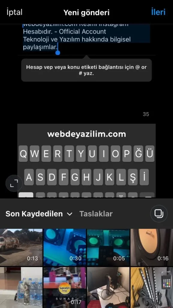 instagram gönderi paylaşım ekranına gidin