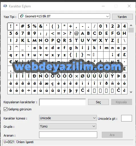 Karakter Eşlem ile derece işareti
