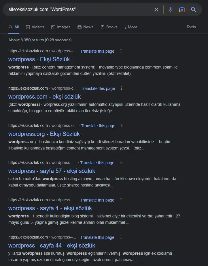 herhangi bir sitenin içerisinde geçen kelimeleri Google ile arama