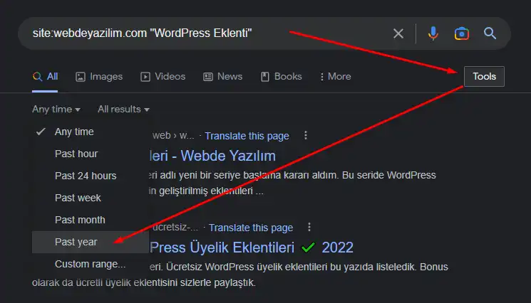 google'da bir site içeriklerinde belirli bir tarih aralığında geçen kelimeleri arama