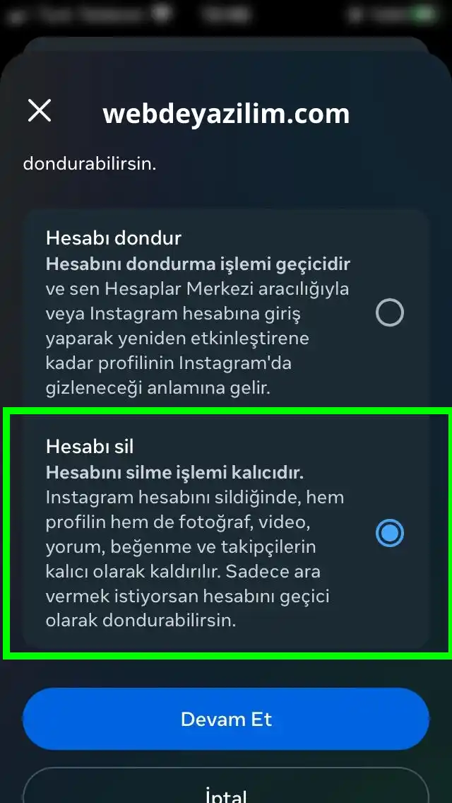 Instagram kalıcı hesap silme adımı