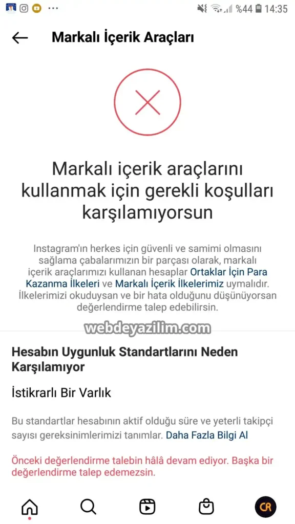 instagram markalı içerik araçlarını kullanmak için uygun değilsin